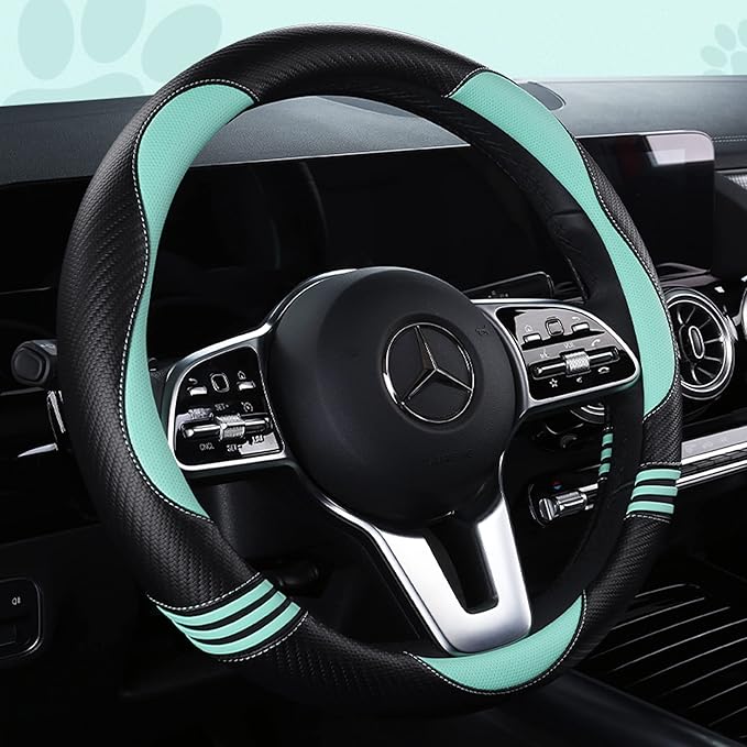 Car Steering Wheel Covers for Women Girl Padded Carbon Fiber PU Leather Cute Cartoon Auto Interior Accessories for Jeep, Truck, Universal, Anti Slip, Green, Large Size 15.5-16"(39-41cm)