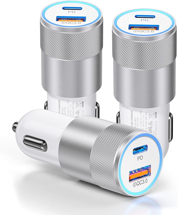 3-Pack Car Charger, Ancekoy 38W Dual Port Fast Charge PD & QC 3.0 Car Adapter Cigarette Lighter USB Plug for iPhone 16/15/14/13 Pro Max, iPad, Galaxy S25/S24/S23 and More (White)