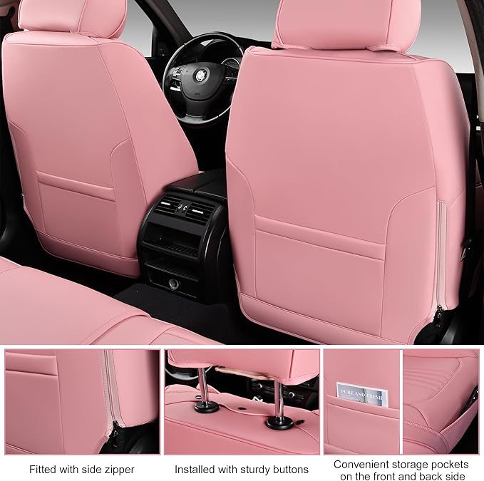 Car Seat Covers Full Set, Front and Rear Seat Covers for Cars, Waterproof Leather Auto Seat Protectors with Head Pillow, Car Seat Cushions Fit for Most Sedans SUV Pick-up Truck, Pink
