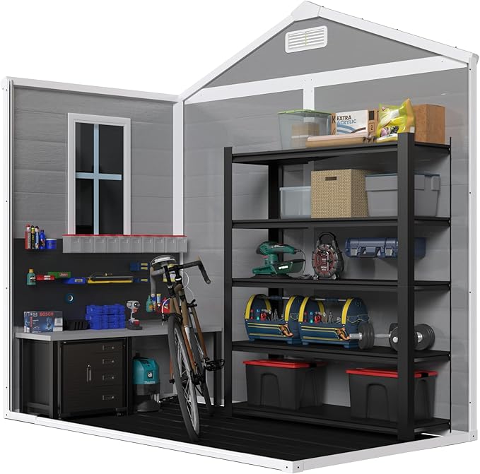 MyVoice 6x6 FT Outdoor Resin Storage Shed with HD Window, Rustproof Waterproof Garden Tool Shed, 12mm Thickened PP Panels, Large Capacity Outdoor Utility House for Backyard Patio (with Floor)