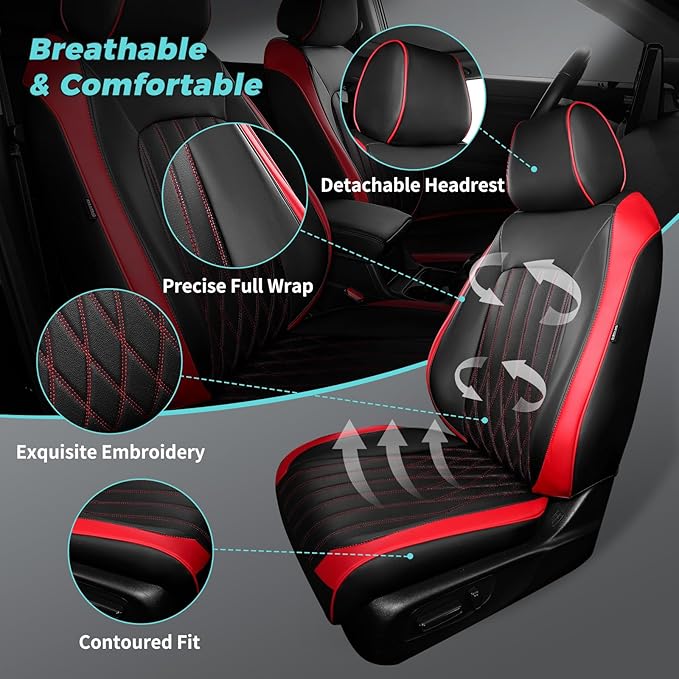 Seat Covers for Honda CRV 2023 2024 2025 2026 EX/EXL/LX/Sport/Touring/Special Edition, Hybrid & Gas, 1:1 Custom Leather Seat Covers Full Set - BlackRed