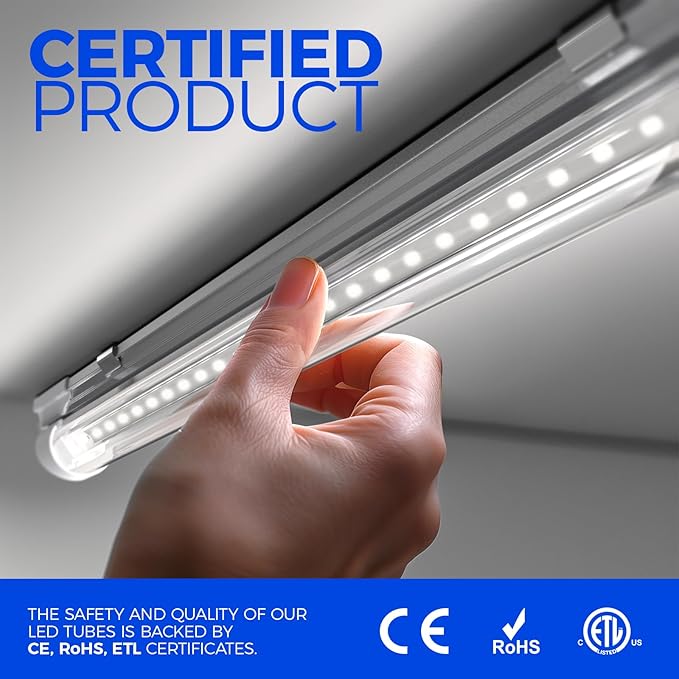 Barrina 8FT LED Shop Light Fixtures 100W, 15000LM 6500K Super Bright White, Linkable, with Clear Cover, V Shape LED Tube Lights, T8 LED Ceiling Lights for Garage, Workshop, ETL Listed, 4 Pack