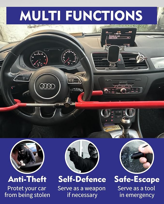 Steering Wheel Lock Anti-Theft Car Device Car Wheel Locks Heavy Duty Vehicle Security Steering Wheel Lock for Truck Car Vehicles Van Lorry SUV with 4 Keys, Elongated Length MAX 30.5“ Red