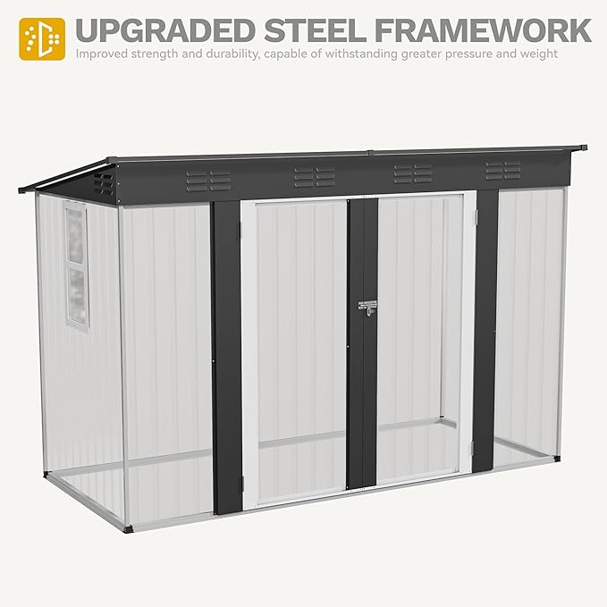 DWVO 9' x 4' Outdoor Storage Shed with Windows, Lockable Double Doors, Sloped Roof, Heavy-Duty Steel Shed for Garden & Patio, Large Backyard Tool Organizer, Dark Gray