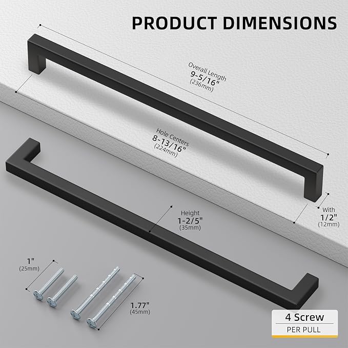 goldenwarm 100 Pack Black Square Bar Cabinet Pull Drawer Handle Stainless Steel Modern Hardware for Kitchen and Bathroom Cabinets Cupboard,Center to Center 8-4/5in(224mm)