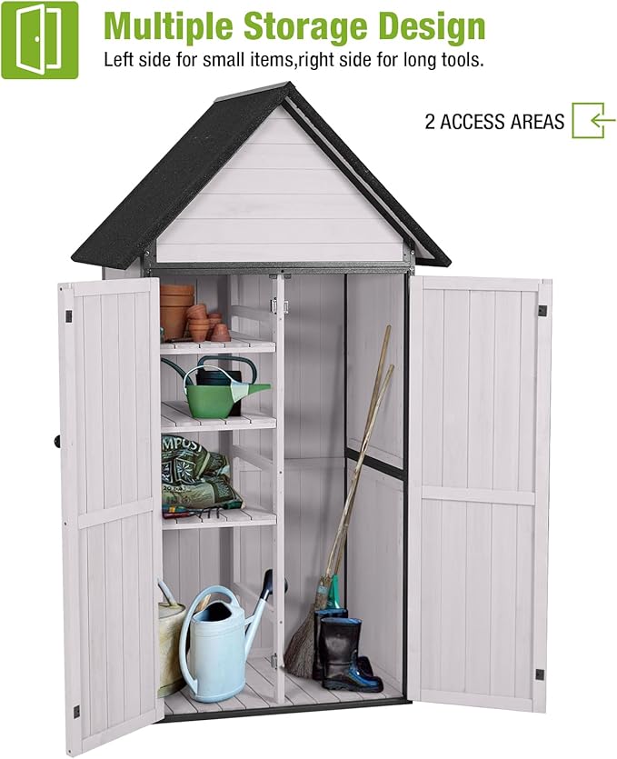 GUTINNEEN Sheds Outdoor Storage Wooden Garden Tool Shed with Metal Frame Sloped Roof and Adjustable 3 Tiers Shelves Outdoor Storage Cabinet for Backyard Garden Patio Lawn 67.1"(Off White)