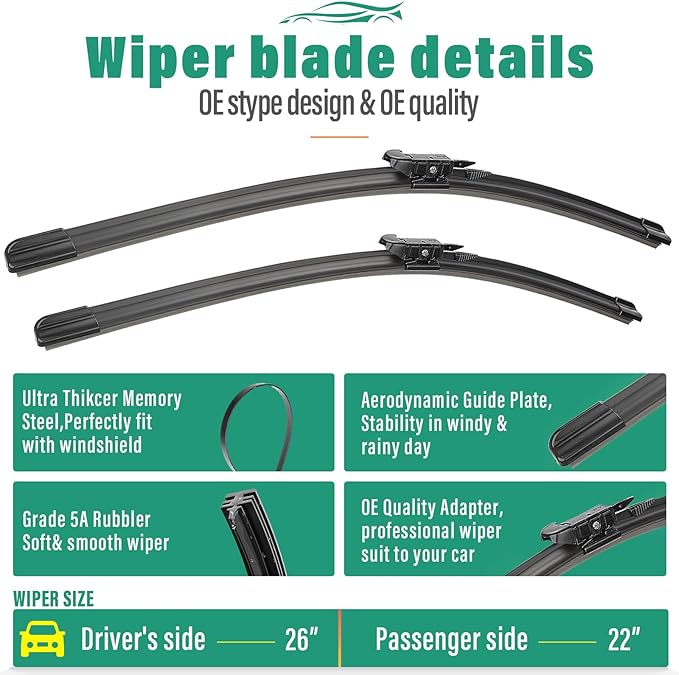 26" 22" 11" Windshield Wiper Blades Replacement for Ford Explorer 2011 2012 2013 2014 2015 2016 2017 2018 2019 2020 2021 2022 2023 2024 OEM Premium All Weather Front Rear Wipers Set (Pack of 3)