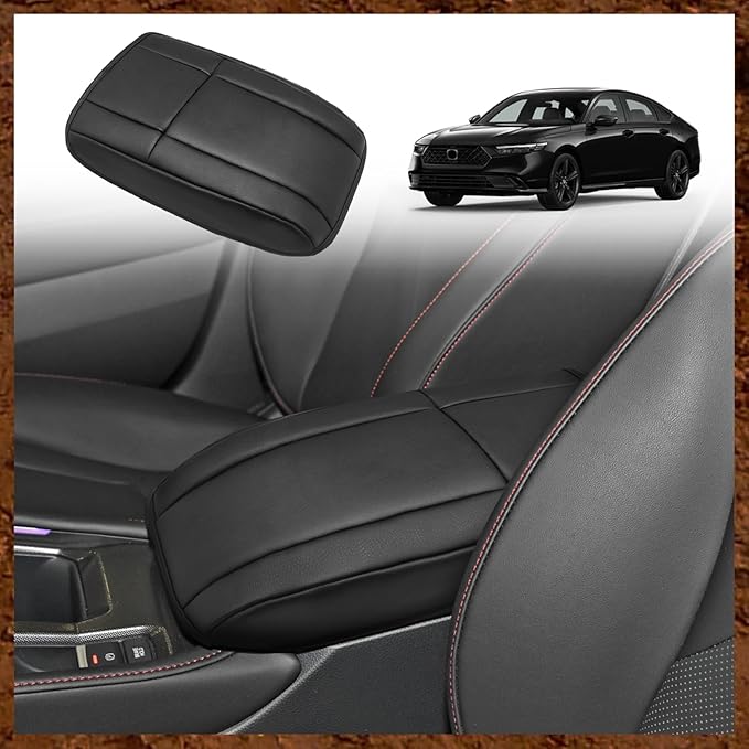 Muslogy for Accord 2025 2024 2023 Center Console Cover Armrest Pad Vegan Leather Extra Soft Armrest Lid Protector Compatible with Honda Accord LX EX Sport Hybrid EX-L Sport-L Touring (V1 Black)