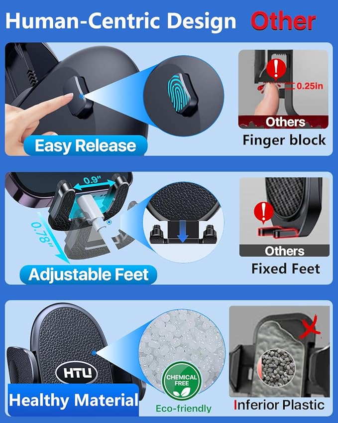 HTU 【Military-Grade Suction】 2025 Cell Phone Holder for Car【Flexible Telescopic Arm】 Car Phone Mount Stand for Dashboard Windshield for iPhone 16 Pro Max 15 14 13 12 Samsung Truck Jeep, Black