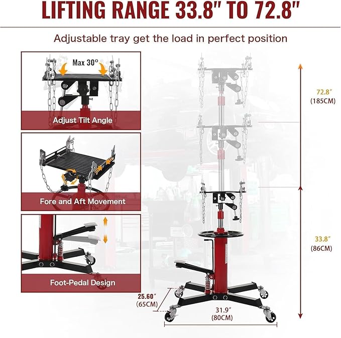 Transmission Jack with 1 Stage Hydraulic Ram, 1322 LBS Hydraulic Telescoping Transmission Jack with Foot Pedal & 360° Swivel Wheels, Heavy-Duty Garage/Workshop Jacks for Car/Truck Repairs, Red