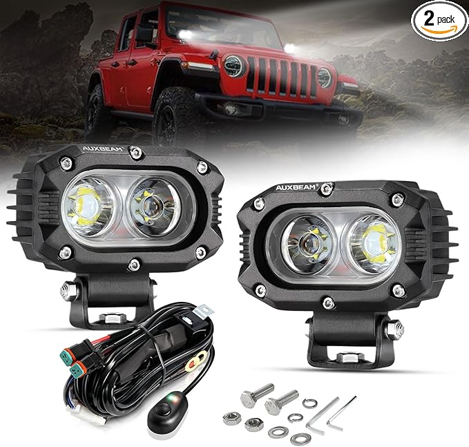 Auxbeam 4 Inch LED Pod, Square Pod Light with 5050 LED White Flood Beam Offroad Driving Fog Light with Wiring Harness for Jeep Wrangler Truck Pickup SUV ATV UTV (2 Pcs)