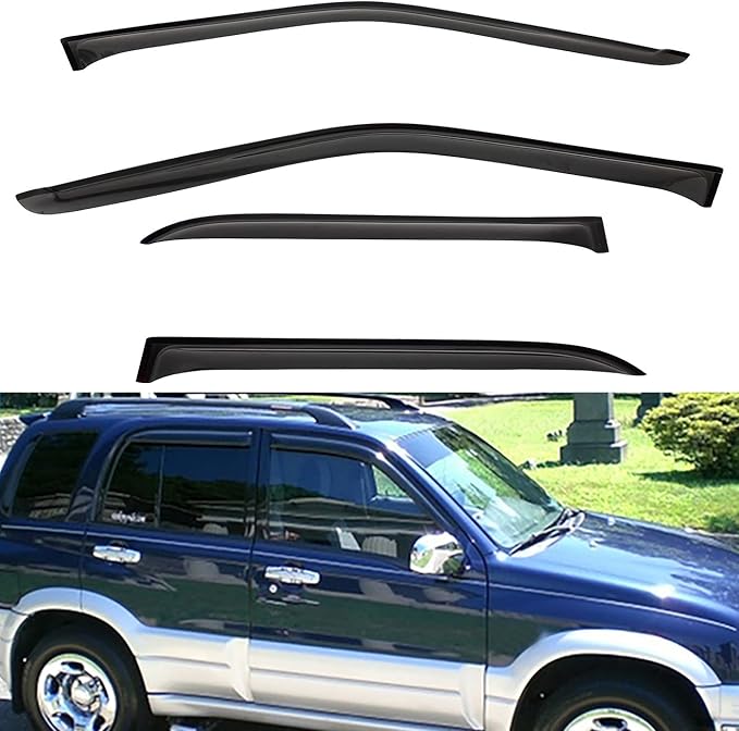 4pcs Front+Rear Smoke Tint Sun/Rain Guard Outside Mount Tape-On Vent Window Visors Compatible with 99-05 Grand Vitara 99-04 Tracker