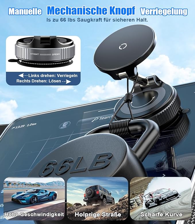 15W Wireless Charger Magnetic Car Phone Holder [Vacuum Suction Cup] 360° Adjustable & Foldable Car Mount for Dashboard/Windshield/Smooth Surface [Compatible with MagSafe] for iPhone/Samsung
