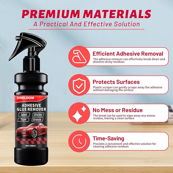 Adhesive Remover, Dissolve & Soften Adhesives on Car Glass & Paint, Easily Remove Glue Sticker Labels Decals Tape Residue, Portable Spray Removal Set with Scraper, Spatula, Towel -3.4oz/100ml