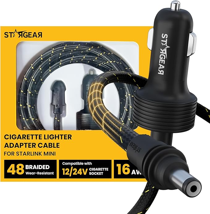 Starlink Mini Cable 12V Power Cable 3M/10FT, Braided Wear-Resistant Starlink Mini Accessories Cigarette Lighter to DC Cord, 12V-48V Car Charger Car Adapter