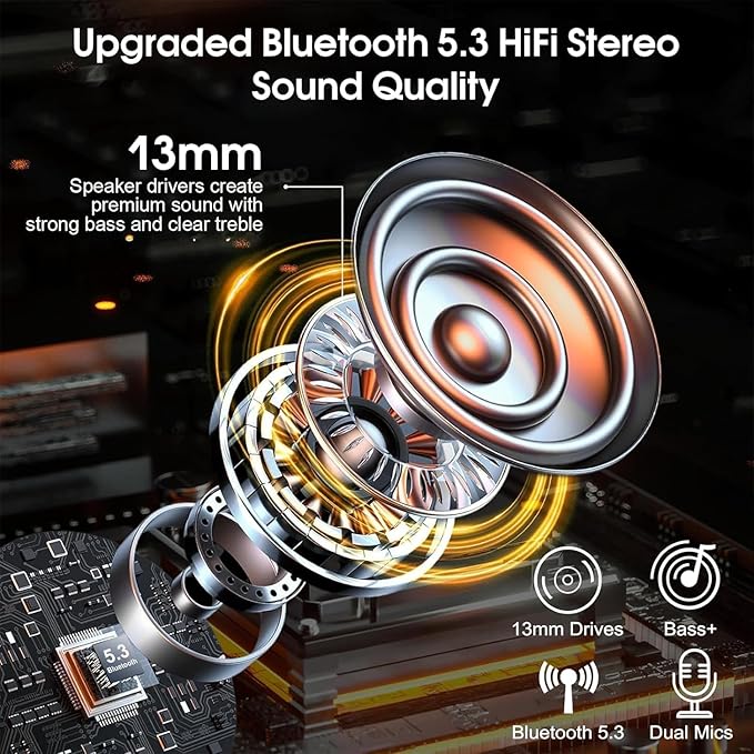 Bluetooth Headset V5.3, Wireless Earpiece with Dual ENC Noise Canceling Mic, 120H Hand-Free Talk Single-Ear Bluetooth Earpiece with LED Display, IP7 Waterproof Headphones for Office/Trucker/Business