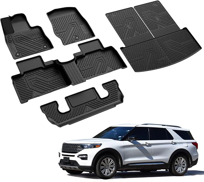LASFIT Floor Mats & Cargo with Backrest Mat for Ford Explorer 2020-2025 6 Passenger, Custom Fit All Weather Protector TPE Easy Clean Floor Liners, 5pcs Full Set Black