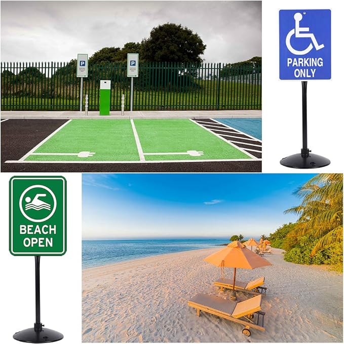 Heavy Duty Cast Iron Sign Post and Base Kit - 17" DIA Stand with 48" Post and Bolts & Nuts for Hanging Signs, Portable Sign Holder for Parking and Recreational Use