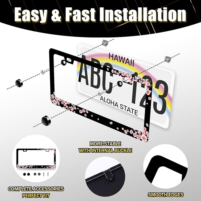 Beautiful Cherry Blossom License Plate Frame Pink Floral License Plate Holder Stainless Steel Colorful License Plate for USA Canada 6.3"X12.3" with 2 Holes and Screws