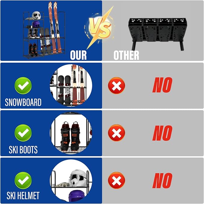 Ski Rack for Garage Freestanding Ski Storage Rack Metal Ski Holders with Storage Shelf Heavy Duty Floor Stand Ski Organizer for Snowboard Ski Poles Ski Boot Goggles Helmet