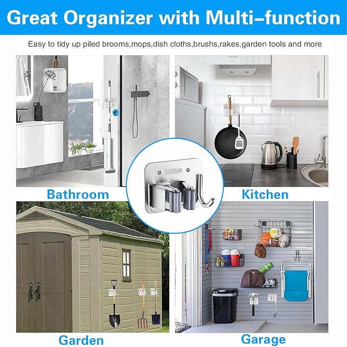 5 Pack Broom Holder Heavy Duty Stainless Steel Broom Hanger with Hooks Screw Drilling Rust Resistant Mop and Broom Holder Wall Mount for Bathroom Kitchen Laundry Room Garage - Silver