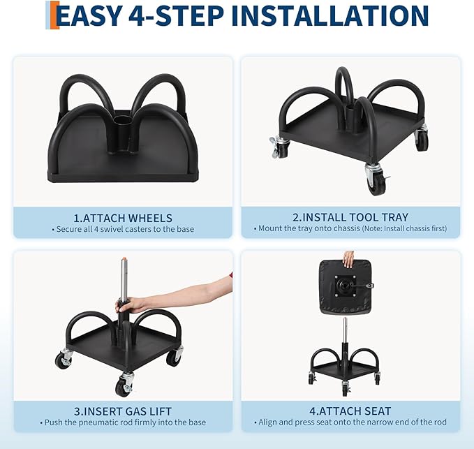 Garage Stool, 19”-25” Adjustable Rolling Mechanic Stool with Universal Wheels, Removable Magnetic Tool Tray, 300LBS Capacity, Roller Creeper Seat, Shop Chair