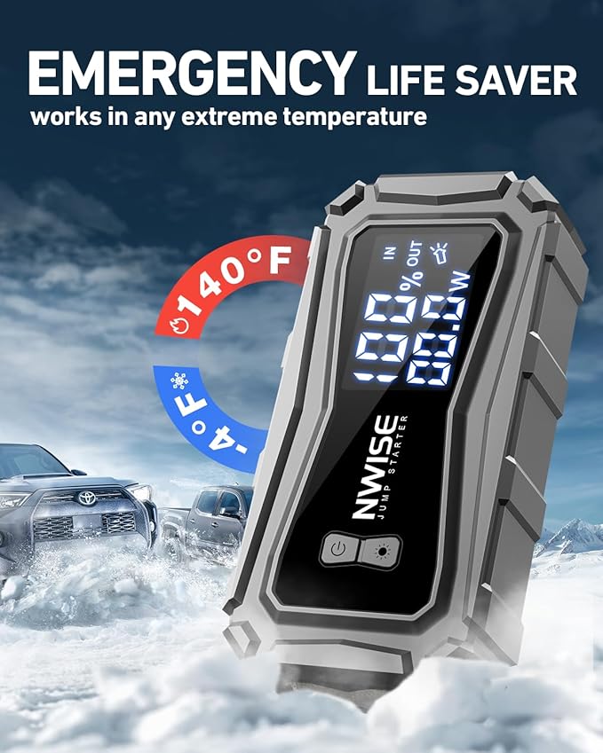 NWISE Car Jump Starter, 6000A Peak 25800mAh Portable Battery Starter (Up to 10L Gas or 8L Diesel Engine) with Smart Safety Jumper Clamps,12V Jump Boxes Large Screen with 45W Fast Charging