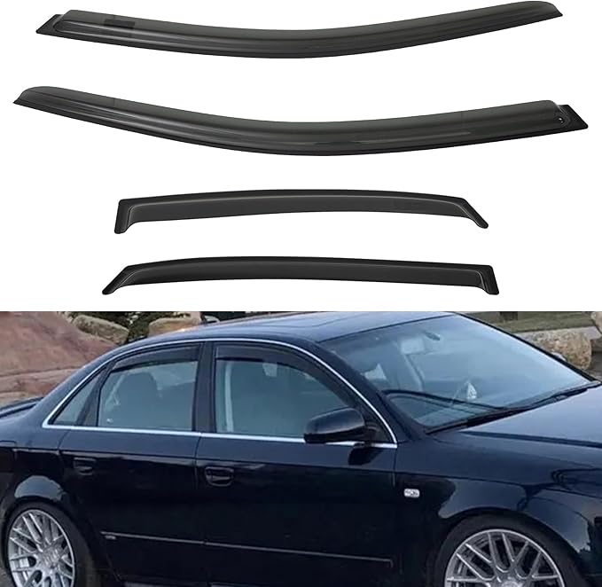 4pcs Front+Rear Smoke Tint Sun/Rain Guard Outside Mount Tape-On Vent Window Visors Compatible with 02-08 B6/B7 A4/A4 Quattro 04-08 S4/RS4 4-Door Sedan