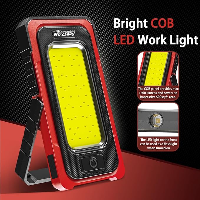 WARSUN Rechargeable Portable Magnetic Work Light, LED Flood Light Waterproof for Outdoor Camping Hiking Emergency Car Repairing (USB + Solar Charging, Red)
