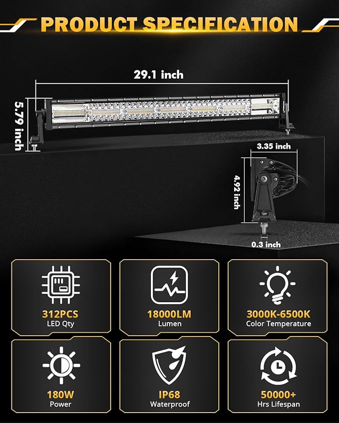 Auxbeam 30 Inch 180W LED Light Bar, 6 Modes Spot Flood Combo Offroad Lighting Amber White Strobe Fog Light, Memory Reset Function Waterproof Driving Work Light with 10FT Wiring Harness Kit