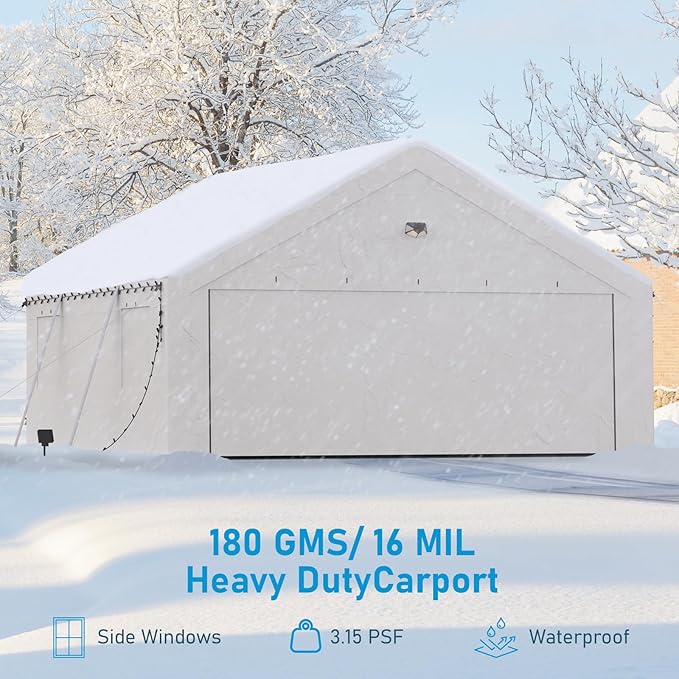 20x20 Carport, Heavy Duty Carport Canopy Garage with Removable Sidewalls and Drive Through Roll Up Zipper Doors, White