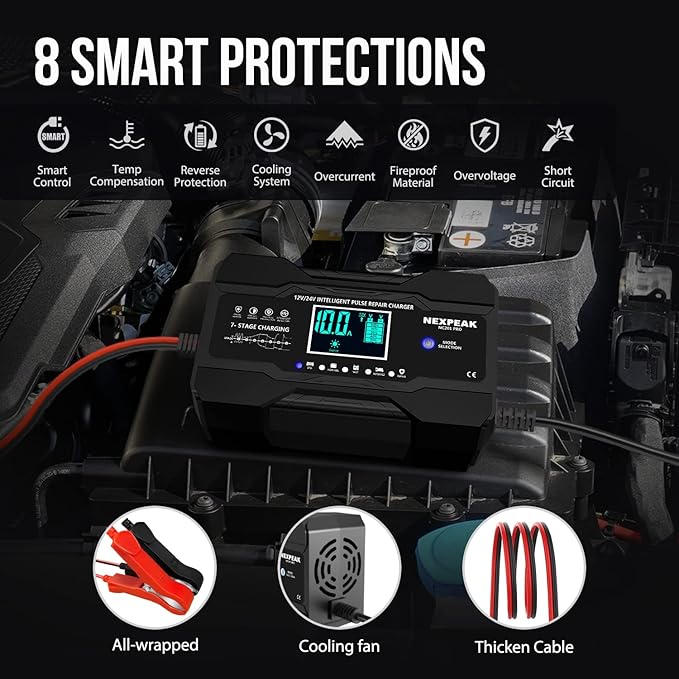 NEXPEAK 10-Amp Car Battery Charger, 12V and 24V Smart Fully Automatic Battery Trickle Charger Maintainer w/Temp Compensation for Truck Motorcycle Lawn Mower Boat Marine Lead Acid Batteries