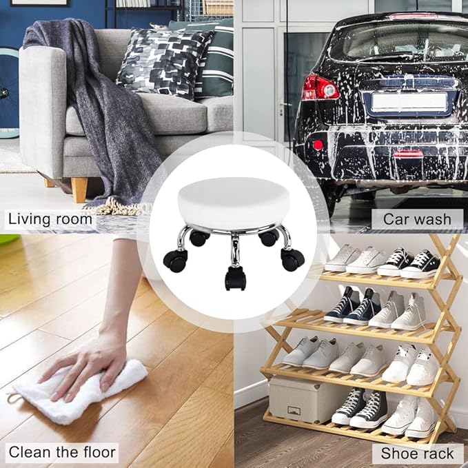 Modern Roller Seat PU Leather Low Round Rolling Stool 360 Swivel Small Stool with Universal Caster Wheels for Home Office Garage Shop Fitness Sport H8.6" (White)