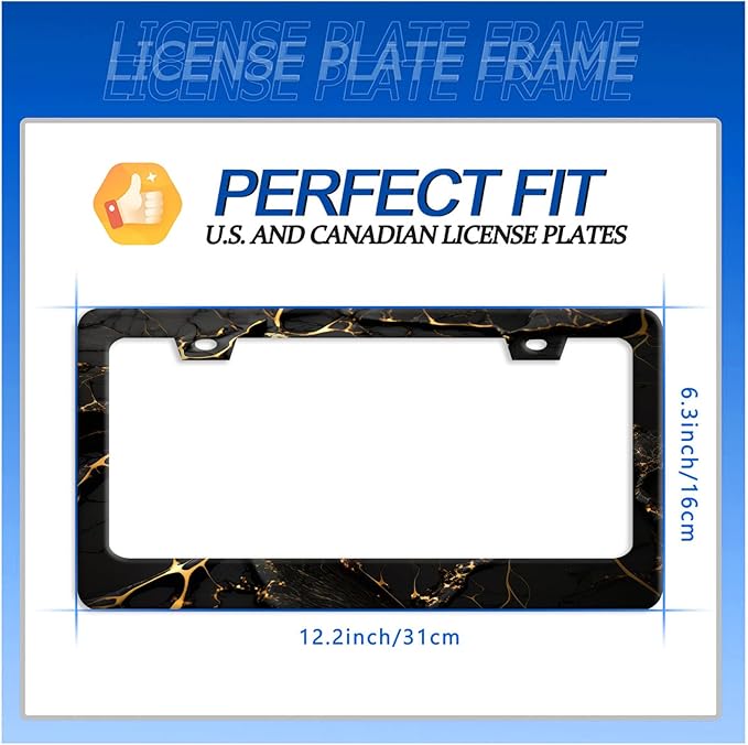 Marble License Plate Frame Black Gold Marble Printed License Plate Stainless Steel Funny License Plate Holder Men Women Colorful Car Accessory Decoration 12.3" x 6.3"