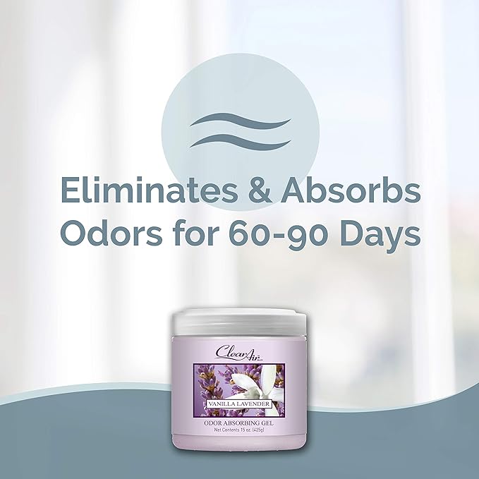 Clear Air Odor Absorber Gel - 15 oz, Pack of 2 - Air Freshener Absorbs and Eliminates Odors in Bathrooms, Cars, Boats, RVs and Pet Areas - Made with Essential Oils - Lavender Vanilla Scent