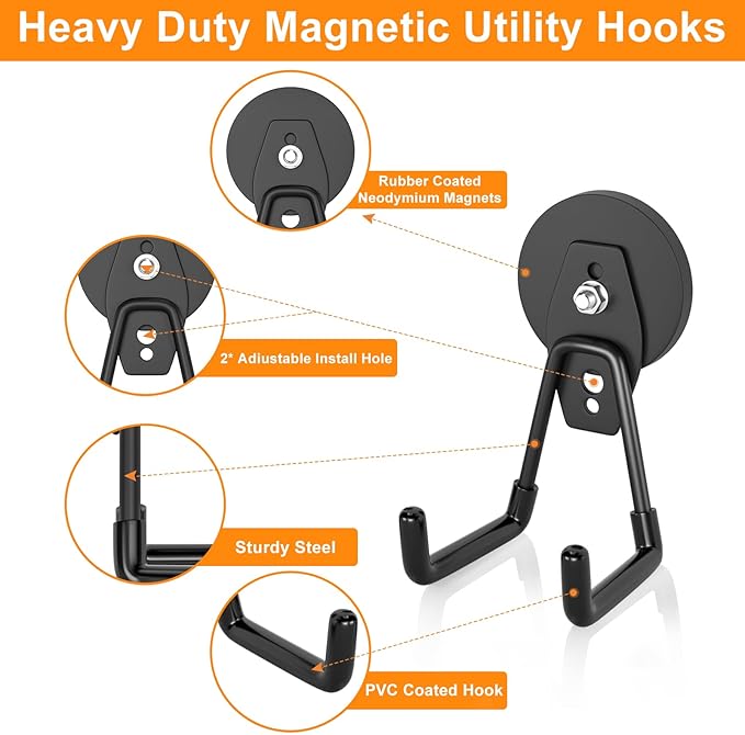 ENUODA Strong Magnetic Hooks 6 Pack Large Rare Earth Magnet Hooks Heavy Duty Utility Magnetic Tool Holder for Garage Organization, Van, Barn, to Hang Bag, Coat, Power Tool, Toolbox, Shovel, Broom,