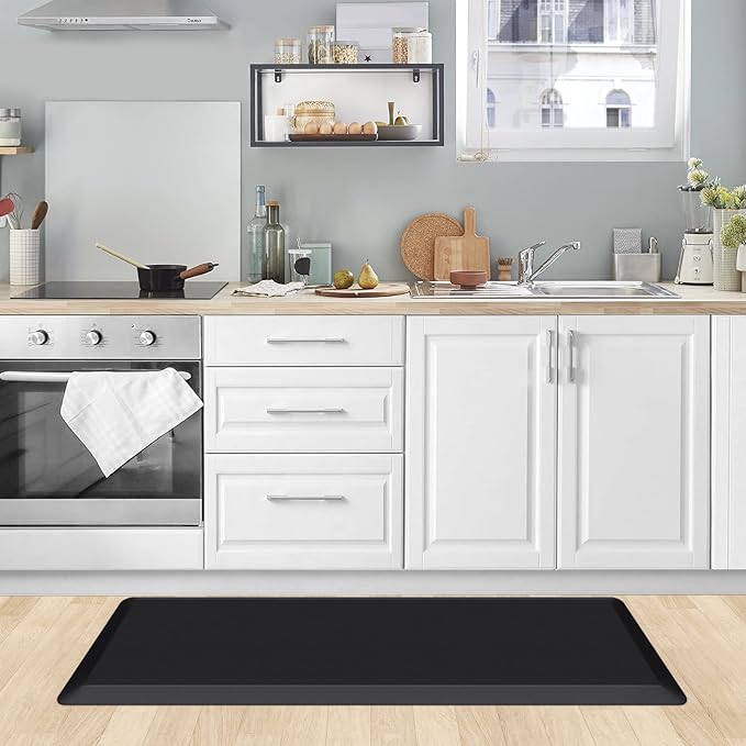 KitchenClouds Kitchen Mat Cushioned Anti Fatigue Kitchen Rug Non Slip Standing Mat Comfort Floor Mats for Sink Office (17.3"x39"- 0.8inch,Black)