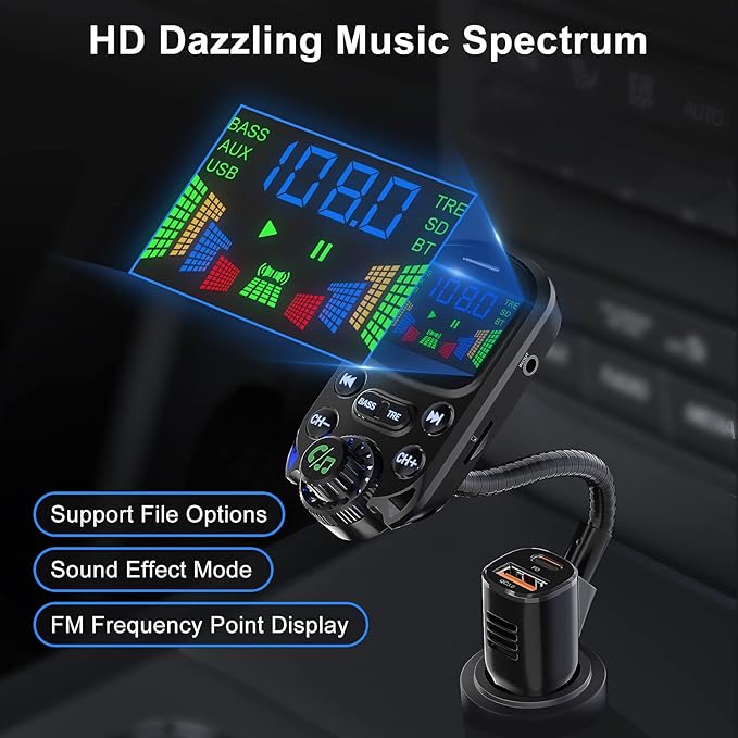 Bluetooth 5.3 FM Transmitter for Car- SOARUN Bluetooth Car Adapter PD30W & USB Port Fast Charge - HiFi Treble & Bass Player - 1.6" Display Hands-Free Calling - Car Radio with AUX Input/Output, TF Card