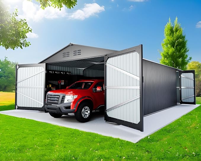 10x20 Metal Shed, Metal Garage Building with 2 Lockable Doors, Prefab Garage Shed with 4 Air Vents, Large Sheds & Outdoor Storage Clearance, Car Sheds for Truck, Tool, Lawnmower, Black