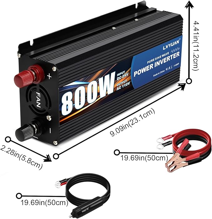 LVYUAN 800 Watt Pure Sine Wave Power Inverter 24V to 110V/120V DC to AC Converter with Dual Sockets, Dual USB Ports, LED Display for Home Outdoor RV Car Power Inverter Power Adapter