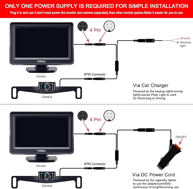 YIMU Backup Camera System with License Plate Backup Reverse Camera, Easy Installation, Plug & Play, DIY Guide Lines, 150° Wide Angle, Night Vision, IP69K Waterproof, Optional Dual Bracket K4302