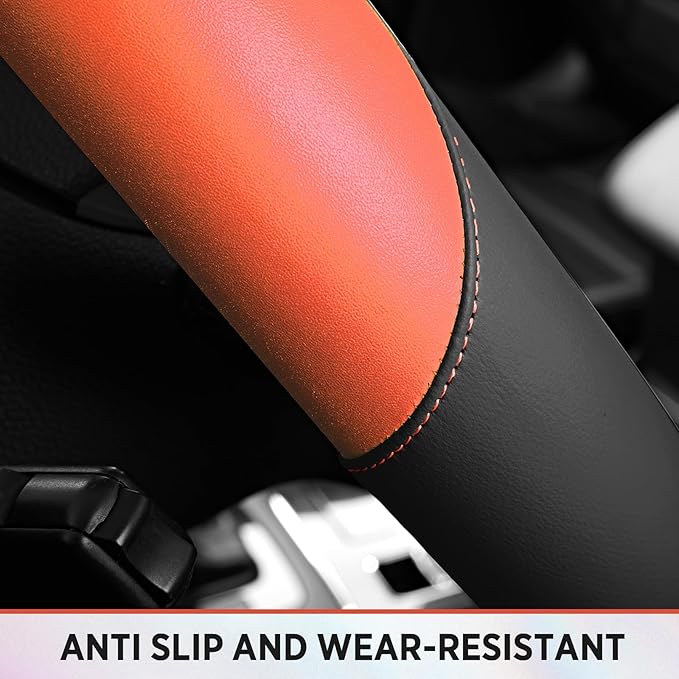 Road Comforts Steering Wheel Cover – Breathable Leather Steering Wheel Cover, Anti-Slip Grip, Universal Fit 14.5” to 15”, Heat & Cold Resistant for Cars, SUVs, and Trucks – Black & Orange
