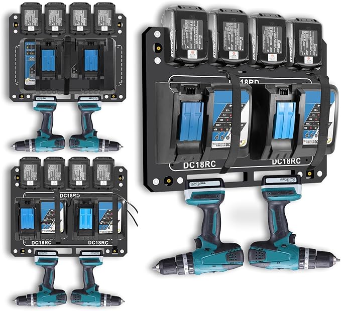Charger Mount for Makita DC18RC, DC18RD Charger, Wall Mount for Makita 4X 14.4V/18V Batteries and 2 Drilling Screwdrivers, Heavy-Duty Garage Workshop Organization