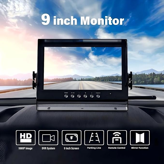 EVERSECU Car Backup Cameras System with 9'' Quad Split Monitor for RV Trailer Semi Truck Camper Bus & 4 AHD 1080P Rear&Side View Cameras with DVR Record Function Night Vision IP69 Waterproof