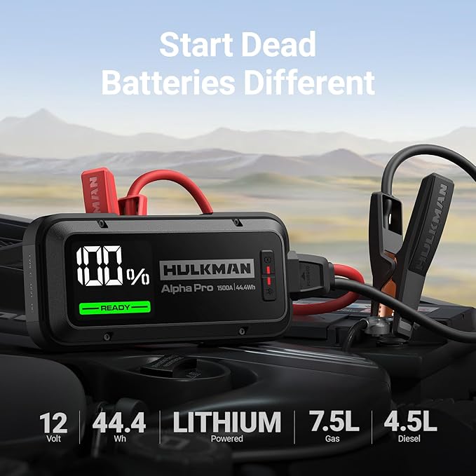 Hulkman Alpha Pro Solid Black, 1500A 44.4Wh Car Jump Starter Portable, High-Capacity Battery Booster & Jumper Cables, 3.3" Display Jump Box, PD65W in&Out, 12V Battery Pack for 7.5L Gas/4.5L Diesel
