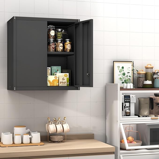GREATMEET Metal Wall Cabinet, Wall Mounted Cabinet with Doors and Adjustable Shelf, Metal Storage Cabinet with Lock, Wall Cabinet for Garage, Pantry, Utility Room, Black