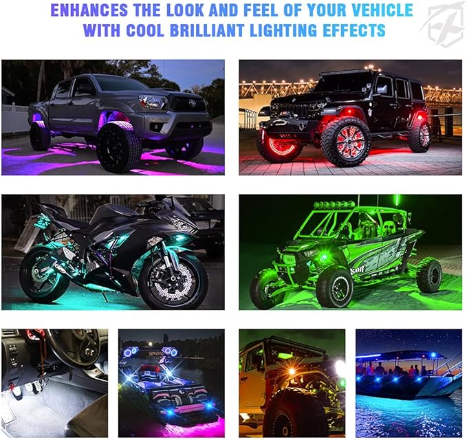 Xprite RGB LED Rock Lights Wide Angle Bluetooth Multicolor Neon Lighting Footwell Underglow Kits w/Wireless Remote, Compatible Jeep Off-Road Trucks Cars UTV ATV SUV RZR Motorcycles Boats 6 Pods
