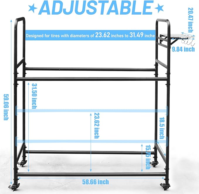 Rolling Tire Rack for Garage, Adjustable Metal Tire Rack with Foldable Heavy-Duty Hole Board, 4 Self-Locking Swivel Casters, 59” Height, 660 Pound Capacity