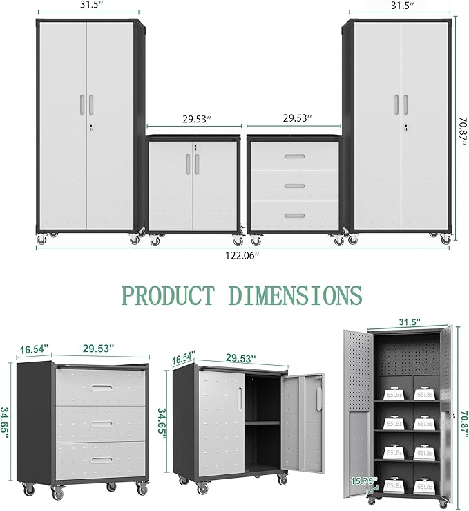 Metal Tool Cabinet,Garage Storage Cabinet System,Wall Cabinet & Locking Rolling Tool Cabinet with Doors and Adjustable Shelves,Steel Tool Cabinets for Home,Office (4 Pcs-StyleA, Black & Grey)