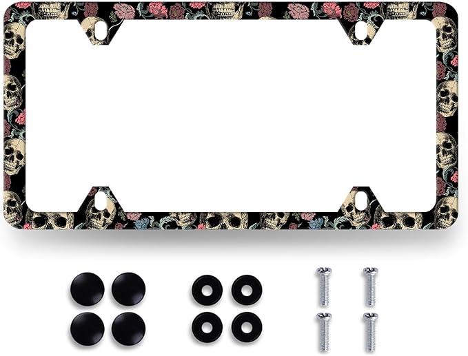 Skulls Flowers License Plate Frame Colorful Skull License Plate Stainless Steel Funny Accessories Cars Decor 12.2 X 6.2 Inch with 4 Holes and Screws Fits Standard Us Ca Vehicles